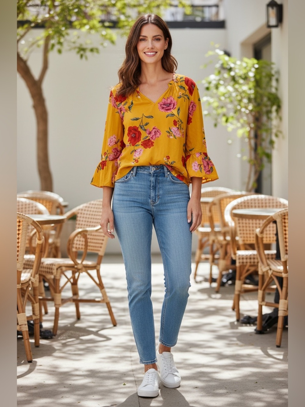 Old Navy Floral Bell Sleeve Blouse – Women’s XL Mustard Yellow Boho Top